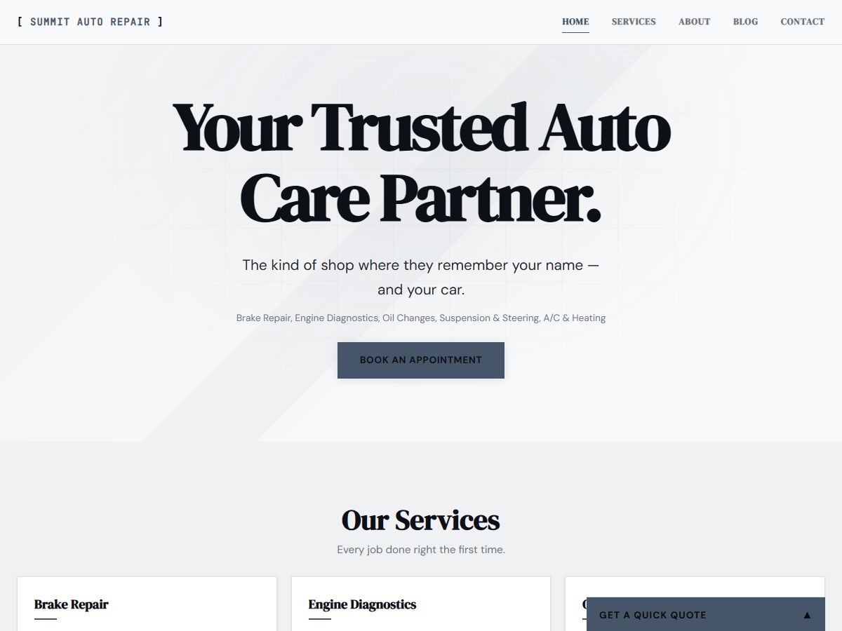 Summit Auto Repair — sample auto shop site rendered by the engine