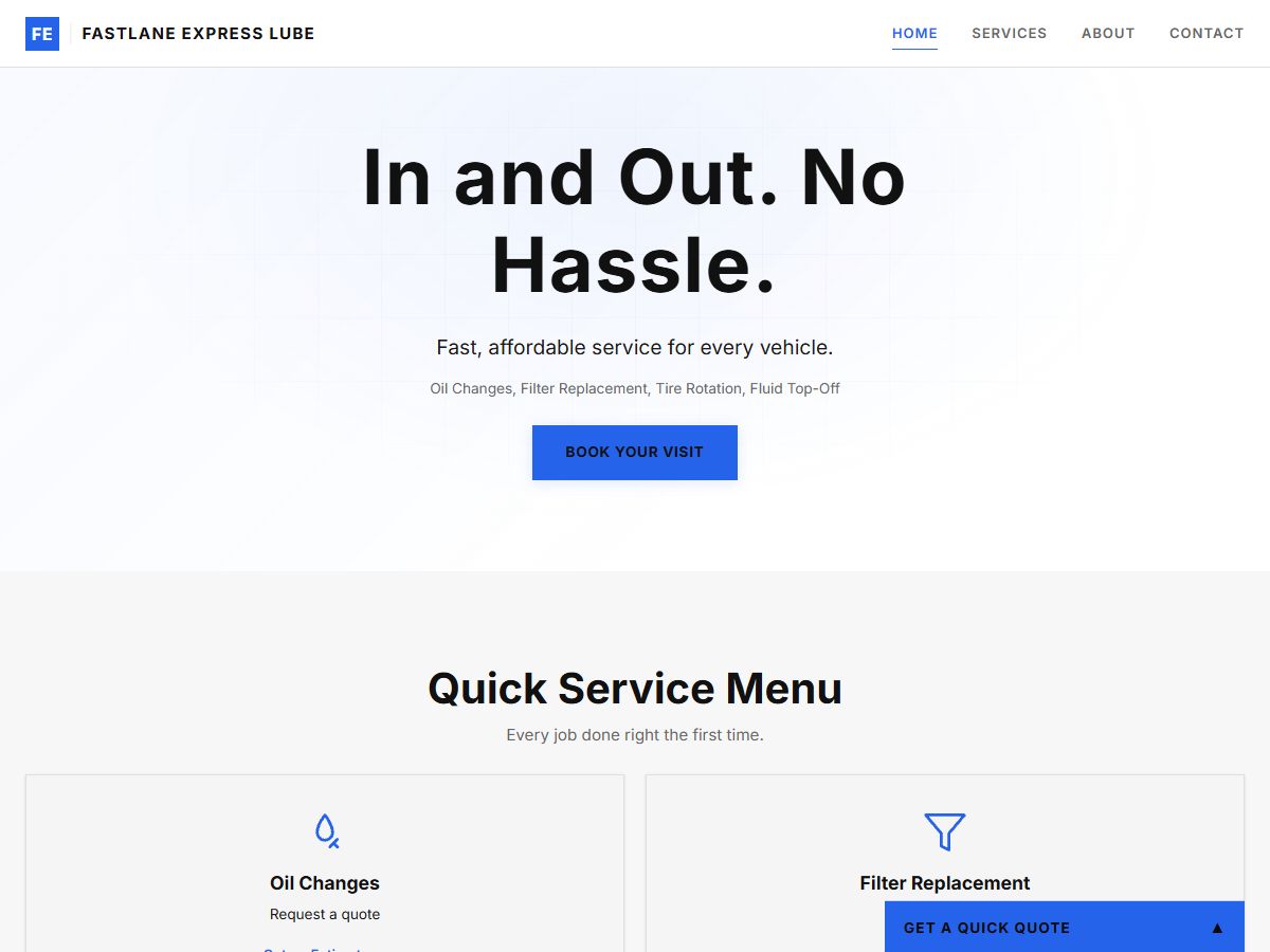 Fastlane Express Lube — sample auto shop site rendered by the engine
