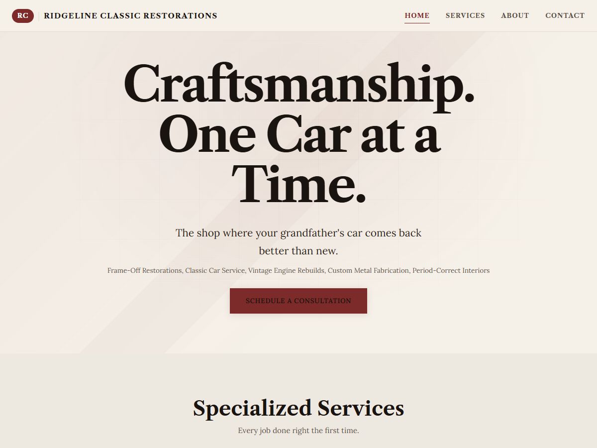 Ridgeline Classic Restorations — sample auto shop site rendered by the engine